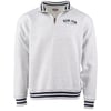 Light gray quarter-zip sweatshirt with navy stripes on the collar, cuffs, and hem. Features Ron Jon Surf Shop logo on the left chest.