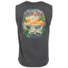 White sleeveless shirt featuring a colorful beach scene with chairs, sunset, and text: “Ron Jon Surf Shop, Cocoa Beach” on the back.
