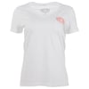 White V-neck T-shirt with a small pink graphic and text on the left chest area.