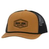 Brown and black mesh trucker hat with Ron Jon Surf Shop logo on the front.