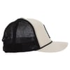 Side view of a beige and black trucker hat. The hat features a mesh back and a flat brim, with a patch on the front.