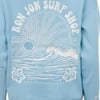 Light blue sweatshirt featuring a white embroidery of a sun, ocean waves, hibiscus flowers, and the text Ron Jon Surf Shop.