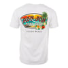 White T-shirt with Ron Jon Surf Shop and Cocoa Beach text, featuring a beach scene with a surfboard, waves, and tropical flowers.