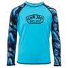 A blue long-sleeve rash guard with patterned sleeves and Ron Jon Surf Shop logo on the chest.