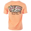 Back of an orange t-shirt featuring a Ron Jon Surf Shop logo, illustrations of hula girls, a tiki mask, and the text Salt Life below the logo.