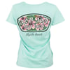 A mint T-shirt featuring a floral surf shop graphic with the words Ron Jon Surf Shop, Myrtle Beach on the back.