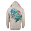 Back view of a beige hoodie featuring a graphic design with waves, flowers, and leaves, and text reading RON JON SURF SHOP and OCEAN CITY, MD.
