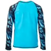 A long-sleeve blue shirt with patterned black and blue sleeves, shown from the back.