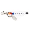 Keychain with colorful beads spelling STOKED on white cubes and a silver metal clip attached.