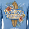 Blue shirt with a Ron Jon Surf Shop logo featuring a surfboard, flowers, and text saying Myrtle Beach.