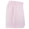 Light pink and white vertically striped womens shorts with an elastic waistband, photographed from the side against a white background.