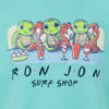 Illustration of turtles and pelicans sipping drinks with ice cream on a table. Text reads Ron Jon Surf Shop.
