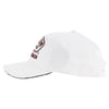 White baseball cap with a curved brim, side view, featuring a patch and embroidered text on the front and side.