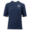 A navy blue rash guard with short sleeves and a small round logo on the chest.