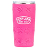 A pink Ron Jon Surf Shop tumbler with embossed sea turtle designs and a clear, silver-rimmed lid.
