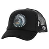 Black trucker hat with a mesh back featuring a Ron Jon Surf Shop logo of a surfing astronaut on the front.