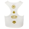 White racerback crop top featuring yellow graphics: a palm tree, a hibiscus flower, Ron Jon Surf Shop logo, and a seashell, all centered on the back.