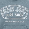 Blue hoodie with Ron Jon Surf Shop and Cocoa Beach, Fla printed in white.