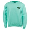A mint green sweatshirt with a small chest logo and text reading Pensacola Beach.
