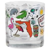 A clear glass featuring colorful illustrations including a flamingo, alligator, astronaut, sun, tiki face, and an orange outline of Florida.