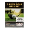A packaged 3-piece golf ball set from Ron Jon Surf Shop, including 2 balls, 2 tees, and 1 ball marker, with a barcode and Made in China label visible.