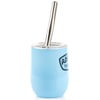 A light blue insulated tumbler with a metal straw and a clear lid is shown upright. There is a logo on the tumbler.