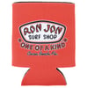 Red beverage can cooler with the text Ron Jon Surf Shop, One of a Kind, Cocoa Beach, Fla. printed on the front in white and black lettering.