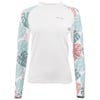 A white long-sleeve rash guard with patterned sleeves featuring green and pink leaves.