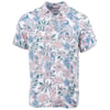 Short-sleeved shirt with a floral and parrot pattern in pastel colors on a white background.