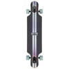 A longboard skateboard with a black deck, gray and purple stripes, teal wheels, and Ron Jon Surf Shop logo in the center.