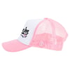 Pink and white mesh trucker hat with a curved brim and embroidered text and graphics on the front.