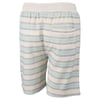 Beige shorts with green and blue horizontal stripes, an elastic waistband, and a pocket on the back.