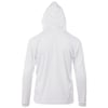 Back view of a plain white hooded shirt with long sleeves, displayed on an invisible mannequin.