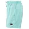 Light blue-green swim trunks with an elastic waistband, drawstring, and side pocket. A black logo tag with text is sewn near the hem.