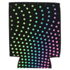 A black can cooler with a pattern of small, colorful dots in a gradient from green to blue to pink arranged in curved lines.