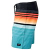 Multi-colored board shorts with horizontal stripes featuring black, orange, white, and turquoise bands. A drawstring is tied at the waistband.