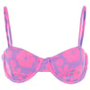 Purple and pink floral-patterned bikini top with thin adjustable straps.