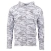 A long-sleeve hooded shirt with a light gray and white camouflage pattern and a small circular logo on the chest.