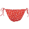 Red floral bikini bottoms with side ties, featuring small colorful flowers.