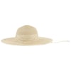 Wide-brimmed beige straw hat with a braided crown and a drawstring tie.