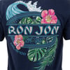 Navy t-shirt with Ron Jon Surf Shop Orlando text, decorated with a wave, tropical leaves, and pink hibiscus flowers.