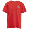 Red T-shirt with a small Ron Jon Surf Shop patch on the left chest area.