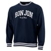Navy blue Ron Jon Surf Shop sweatshirt with white lettering and striped cuffs and hem.