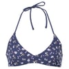 Navy blue floral bikini top with halter neck tie and small multicolored flower pattern.
