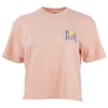 Peach-colored T-shirt featuring a small graphic logo with text on the front.