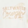 A white shirt with the words Saltwater Cowgirl and a palm tree graphic printed in light brown.