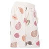 Cream shorts featuring a pattern of seashells, sunglasses, watermelon slices, and hats in pastel colors.