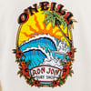 Colorful surf-themed design featuring waves, a palm tree, and flowers, with the text ONeill and Ron Jon Surf Shop.
