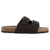 Brown slide sandal with two adjustable straps and metal buckles, cork footbed, and black rubber sole.