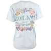 Light blue t-shirt with Ron Jon Surf Shop printed on the back, surrounded by colorful tropical flowers and leaves.
